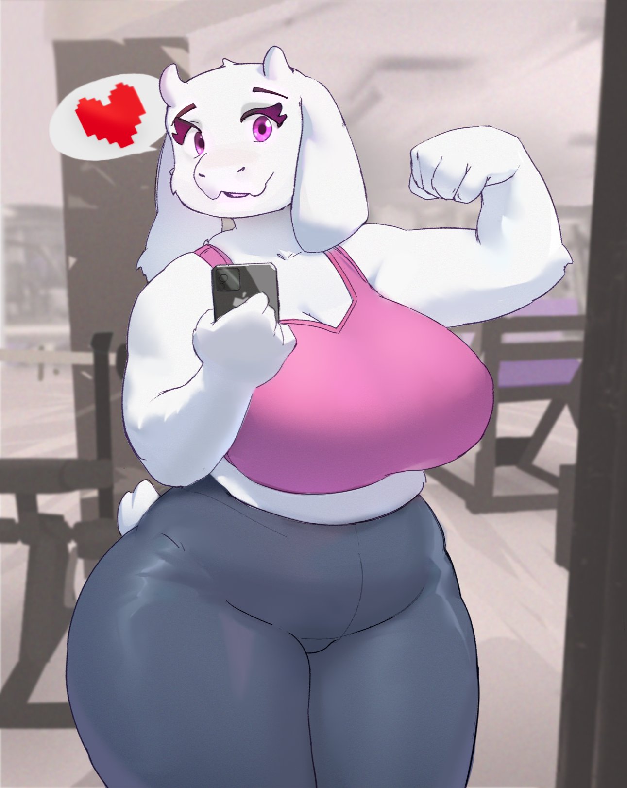 &lt;3 5_fingers anthro big_breasts boss_monster bovid bra breasts caprine cellphone cleavage clothed clothing curvy_figure electronics eyebrows eyelashes female fernando_fernandes fingers floppy_ears fur hi_res huge_breasts inside leggings legwear long_ears looking_at_viewer mammal mature_anthro mature_female phone purple_eyes slightly_chubby solo speech_bubble sports_bra standing tail thick_thighs toriel undertale undertale_(series) underwear voluptuous white_body white_fur white_tail wide_hips