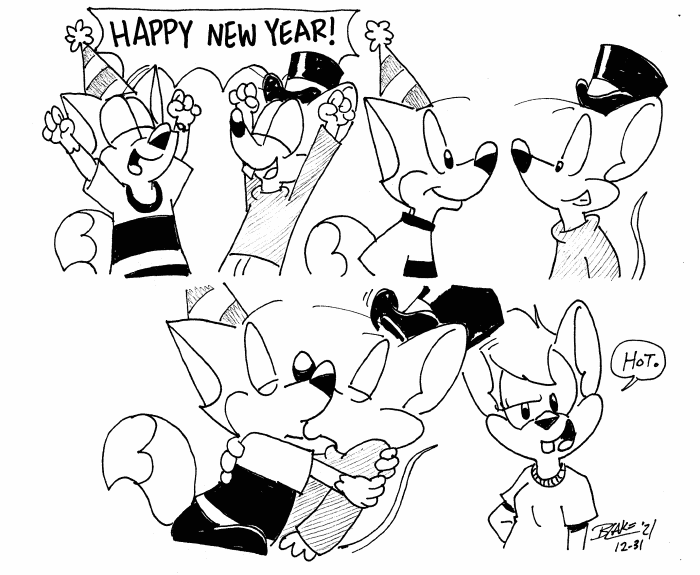 alex_fizuth anthro buckteeth canid canine carlos_enrique clarice_roberts clothing embracing female fox group hat headgear headwear holidays kissing male male/male mammal mouse murid murine new_year new_year_2022 new_years_eve party_hat rodent sweater teeth top_hat topwear turtleneck turtleneck_sweater voyuerism worldoffizz