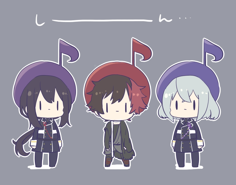 3boys arms_at_sides black_jacket bob_cut boots buttons chibi double-breasted full_body goma_sodapop grey_hair hair_ornament hizen_tadahiro honebami_toushirou jacket lineup long_hair long_sleeves looking_at_viewer male_focus multicolored_hair multiple_boys musical_note musical_note_hair_ornament namazuo_toushirou outline pants ponytail purple_jacket purple_pants red_hair short_hair simple_background standing touken_ranbu two-tone_hair very_long_hair white_outline