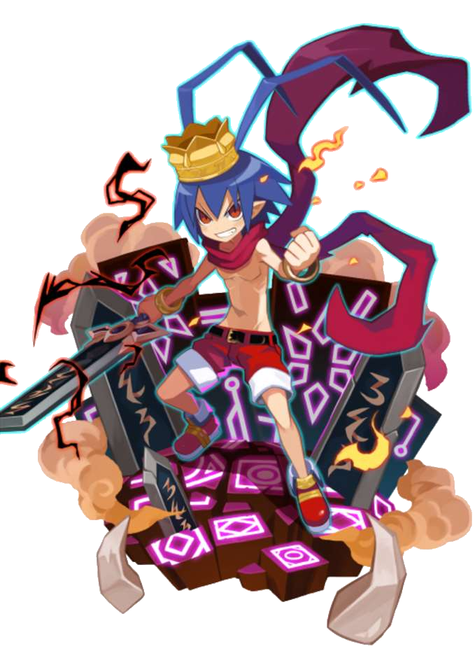 1boy antenna_hair belt blue_hair bracelet crown demon_boy disgaea disgaea_rpg full_body hair_between_eyes holding holding_weapon jewelry laharl male_focus navel official_art pointy_ears red_eyes red_scarf scarf shorts smile solo teeth topless_male transparent_background weapon