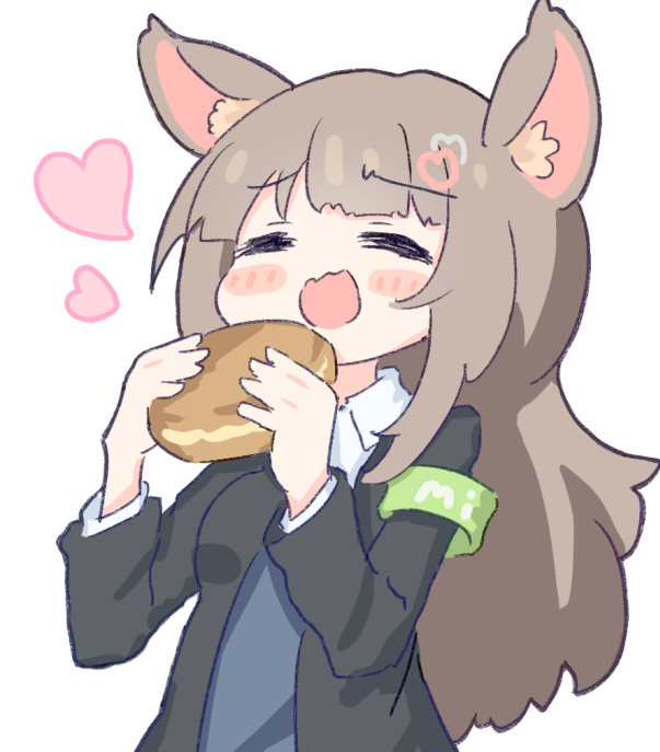 1girl ai-chan_(misskey.io) animal_ear_fluff animal_ears armband black_jacket blazer blush_stickers bread breasts brown_hair cat_ears cat_girl closed_eyes collared_shirt commentary_request cosplay fluff food green_armband hair_ornament heart heart_hair_ornament holding holding_food jacket layered_sleeves long_hair long_sleeves medium_breasts misskey.io open_clothes open_jacket open_mouth shirt simple_background solo syuilo_(misskey.io) syuilo_(misskey.io)_(cosplay) umihio upper_body white_background white_shirt