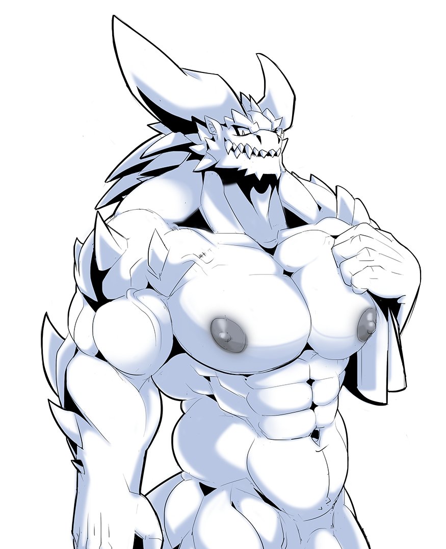 anthro big_horn big_muscles big_pecs capcom dragon elder_dragon horn male monster_hunter muscular muscular_anthro muscular_male nergigante pecs scales scalie solo zaqiizawa