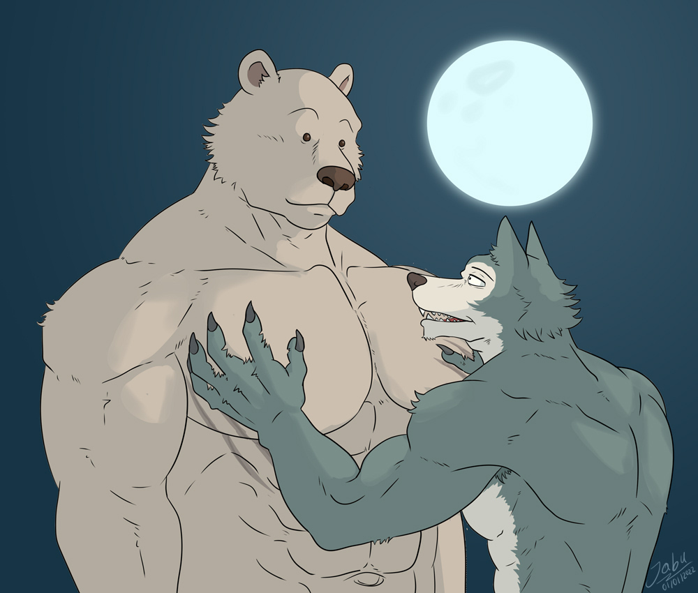 abs anthro beastars biceps brown_bear brown_body canid canine canis claws clothed clothing duo full_moon grey_body hand_on_chest jabuhusky legoshi_(beastars) looking_at_another male mammal moon muscular muscular_anthro muscular_male navel night pecs riz_(beastars) scar shirtless simple_background topless tuft tufted_fur ursid ursine wolf