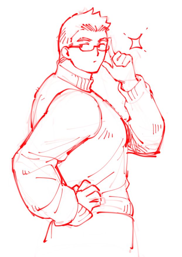1boy :/ bara cropped_legs facial_hair glasses hand_on_own_hip looking_to_the_side male_focus monochrome motoori_shiro muscular muscular_male pectorals red_theme rimless_eyewear short_hair sideburns sideburns_stubble sketch solid_circle_eyes solo sparkle stubble sweater thick_eyebrows tokyo_afterschool_summoners turning_around turning_head tyou unamused white_background