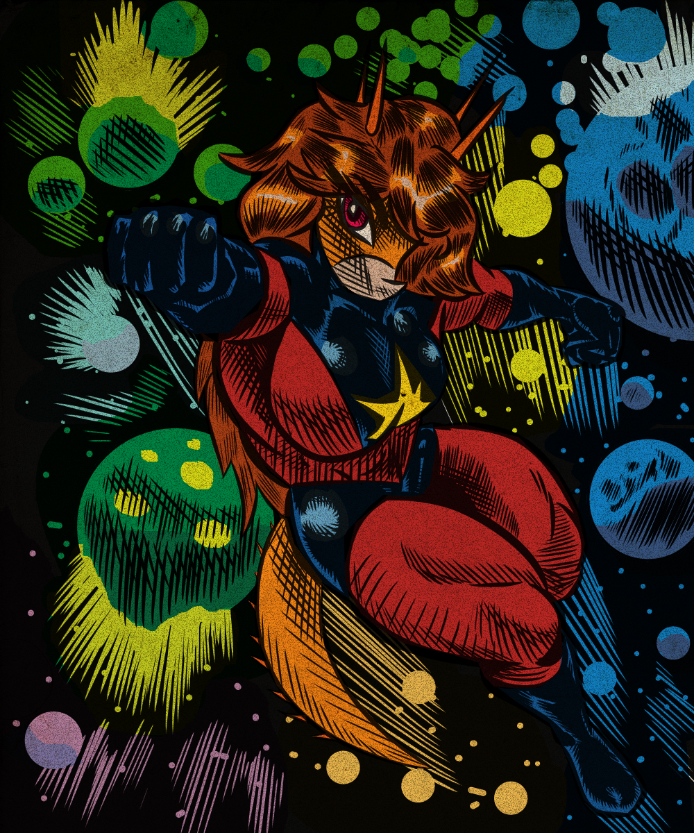 2024 anthro aquilops banco big_breasts bodysuit breasts brown_hair captain_marvel clothing cosmic_background cosplay crossover crossover_cosplay curvy_figure detailed_background digital_drawing_(artwork) digital_media_(artwork) dinosaur female flying goodbye_volcano_high hair hi_res horn long_hair long_tail marvel multicolored_body multicolored_scales orange_body orange_scales red_eyes reptile rosa_(gvh) scales scalie skinsuit solo space space_background spiked_tail spikes spikes_(anatomy) tail tan_body tan_scales thick_thighs tight_clothing two_tone_body two_tone_scales voluptuous wide_hips