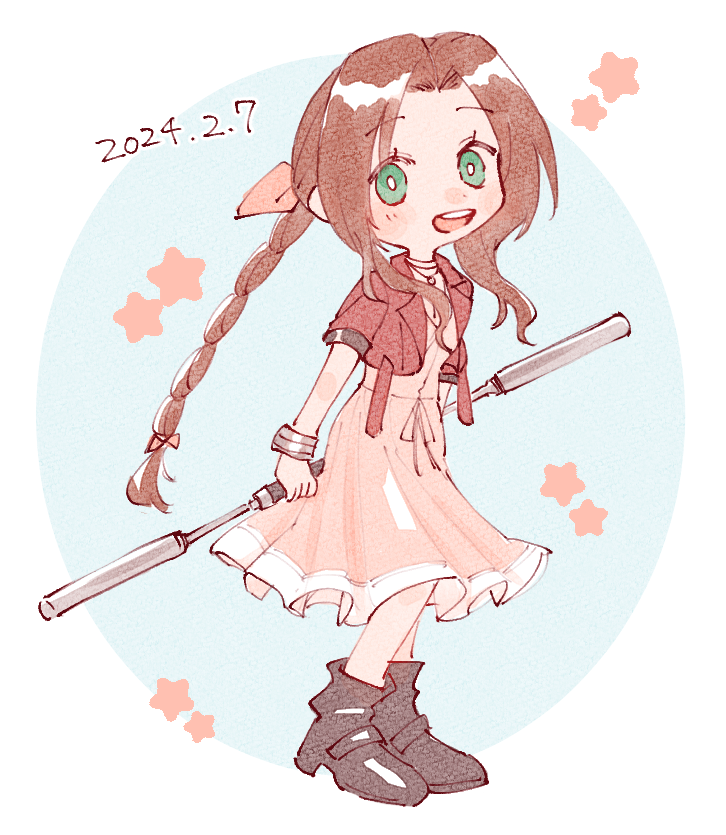 1girl aerith_gainsborough bo_staff boots bracelet braid braided_ponytail brown_hair choker cropped_jacket dress final_fantasy final_fantasy_vii final_fantasy_vii_remake flower_choker green_eyes hair_ribbon jacket jewelry light_blush long_dress long_hair nitoya_00630a open_mouth parted_bangs pink_dress pink_ribbon red_jacket ribbon sidelocks simple_background smile solo star_(symbol)