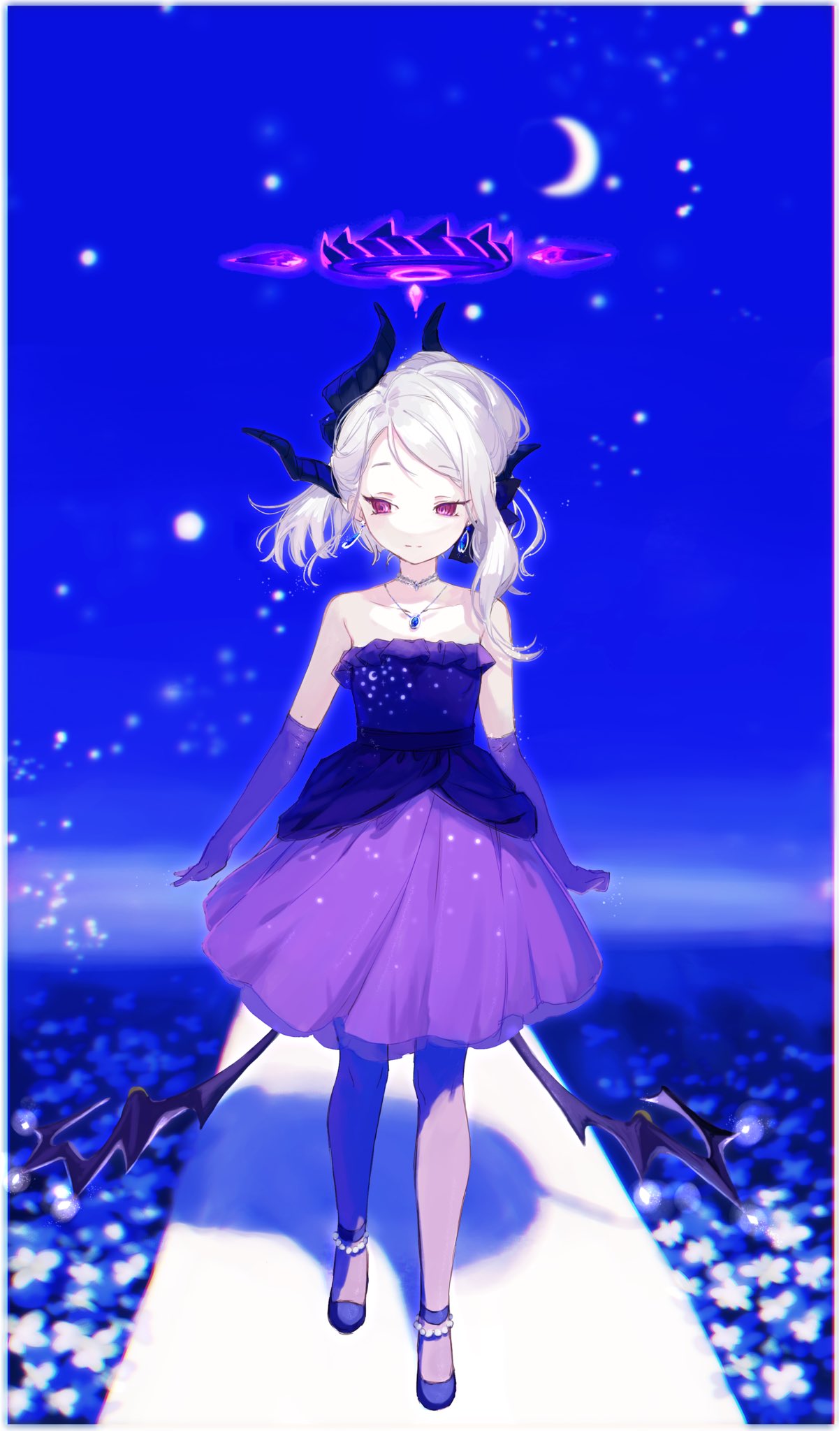 1girl bare_shoulders bead_anklet blue_archive border closed_mouth collarbone crescent_moon dangle_earrings demon_wings dress earrings elbow_gloves evening_gown full_body gloves halo highres hina_(blue_archive) hina_(dress)_(blue_archive) horns jewelry long_hair low_wings moon multiple_horns necklace no_nose pantyhose parted_bangs purple_eyes purple_gloves ringed_eyes shadow sleeveless sleeveless_dress solo strapless strapless_dress ureshiitime_ki white_border white_hair wings