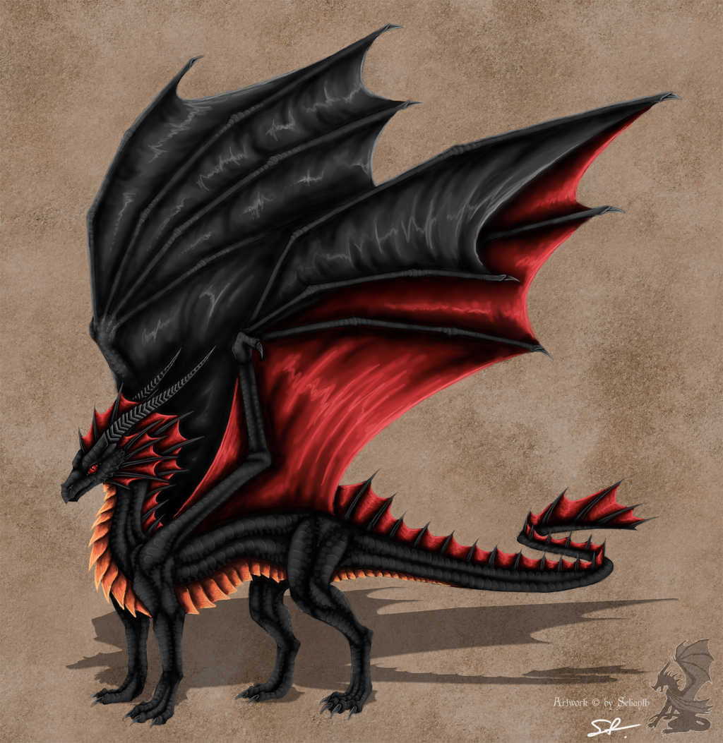 ambiguous_gender black_body black_claws black_horn black_scales brown_background claws dragon feral horn membrane_(anatomy) orange_body orange_scales red_eyes red_membrane scales selianth shadow simple_background solo spread_wings standing wings