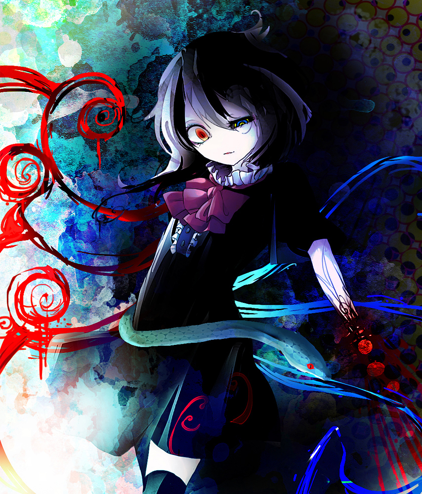 1girl @_@ abstract abstract_background arrow_(symbol) asymmetrical_wings black_hair black_sclera black_shirt black_shorts black_sleeves black_thighhighs blue_background blue_wings bow bowtie buttons center_frills collar collared_shirt colored_sclera commentary cowboy_shot diao_ye_zong eyelashes frilled_collar frills half-closed_eye heterochromia high_collar houjuu_nue leg_up light_smile long_hair mismatched_pupils mismatched_sclera mismatched_wings orange_eyes parted_lips red_bow red_bowtie red_wings shironeko_(dondonmi) shirt short_sleeves shorts slit_pupils solo thighhighs touhou wings