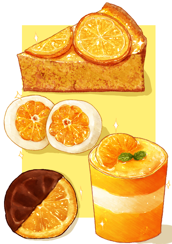 border cake cake_slice chocolate food food_focus fruit kaneko_ryou no_humans orange_(fruit) orange_slice original sparkle still_life white_border yellow_background