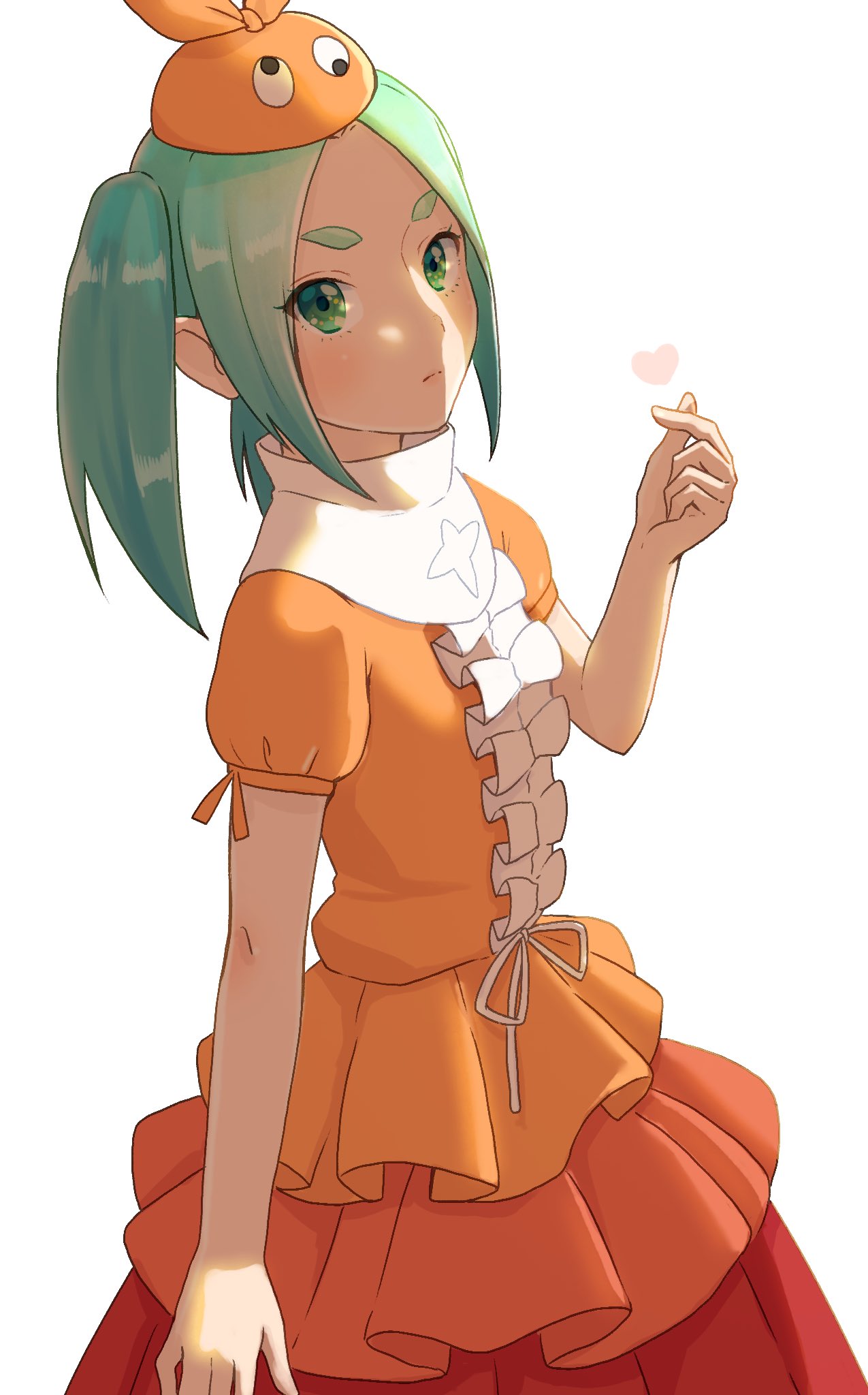 1girl center_frills closed_mouth commentary_request cowboy_shot eyelashes frilled_shirt frills frown green_eyes green_hair hat heart highres looking_at_viewer monogatari_(series) ononoki_yotsugi orange_headwear orange_shirt pointing pointing_at_self red_skirt ribbon scarf shirt simple_background skirt solo star_(sky) star_(symbol) star_print tsukimonogatari twintails waist_ribbon white_background white_ribbon white_scarf witoi_(roa)