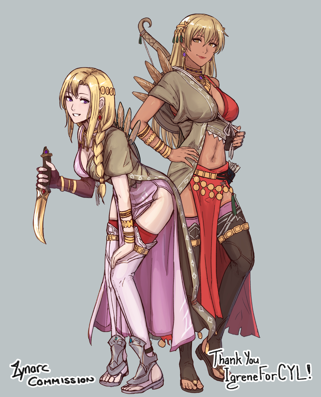 2girls artist_name blonde_hair bow_(weapon) braid breasts brown_eyes brown_thighhighs cm_lynarc dark-skinned_female dark_skin earrings english_commentary fire_emblem fire_emblem:_the_binding_blade fire_emblem:_the_blazing_blade fire_emblem_heroes full_body grey_background hair_ornament highres holding holding_knife igrene_(fire_emblem) jewelry knife looking_at_viewer louise_(fire_emblem) midriff multiple_girls official_alternate_costume pelvic_curtain puffy_short_sleeves puffy_sleeves purple_eyes short_sleeves smile tassel tassel_hair_ornament thighhighs toeless_legwear weapon