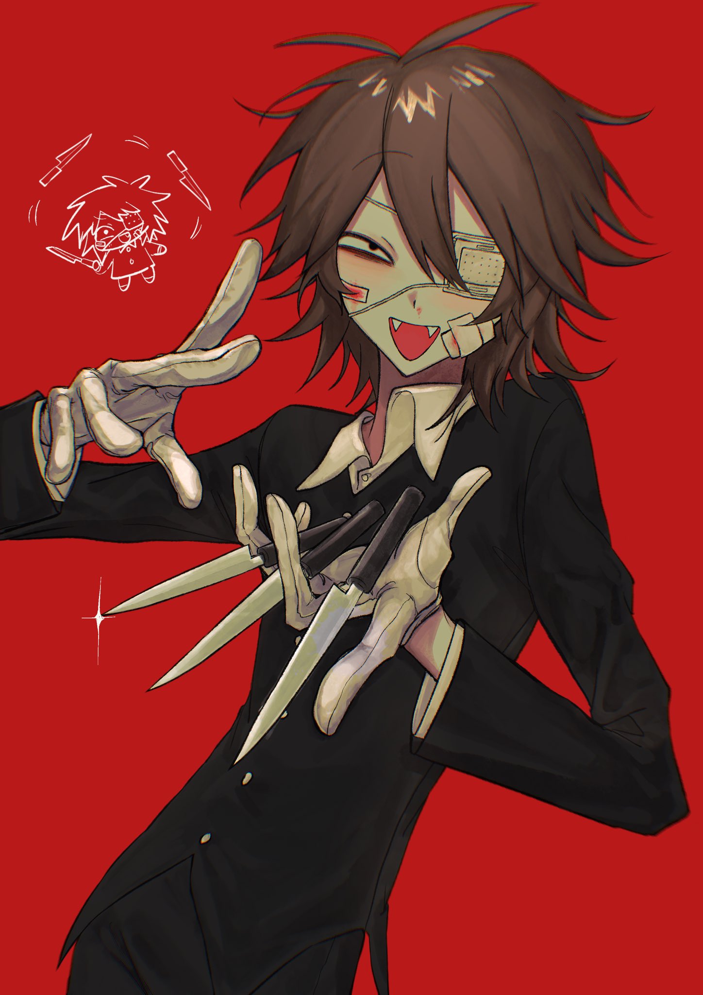 1boy black_eyes brown_hair chibi eyepatch fangs gauze gauze_on_cheek gloves hair_between_eyes highres holding knife long_sleeves looking_at_viewer male_focus medical_eyepatch messy_hair multiple_views open_mouth randal's_friends randal_ivory red_background simple_background syoboikao white_gloves