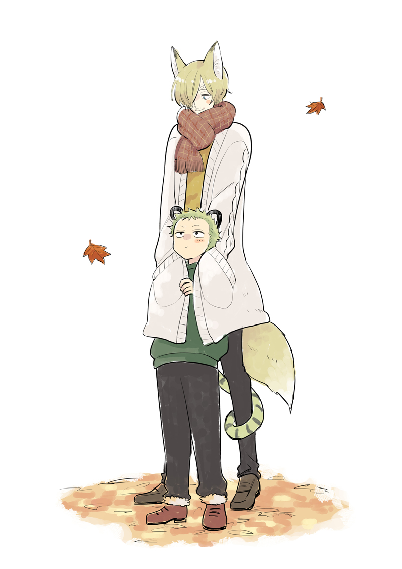 2boys aged_down animal_ears autumn_leaves black_eyes black_pants blonde_hair blue_eyes blush brown_footwear commentary curly_eyebrows eeyasu_(samarian) facial_hair fox_boy fox_ears fox_tail green_hair green_sweater hair_over_one_eye hands_in_pockets hug hug_from_behind leaf light_smile long_bangs looking_at_another looking_down looking_up male_focus meme_attire multiple_boys mustache_stubble one_piece open-chest_sweater pants plaid plaid_scarf roronoa_zoro sanji_(one_piece) scarf shoes short_hair smile stubble sweater tail tail_wrap tiger_boy tiger_ears tiger_tail white_background
