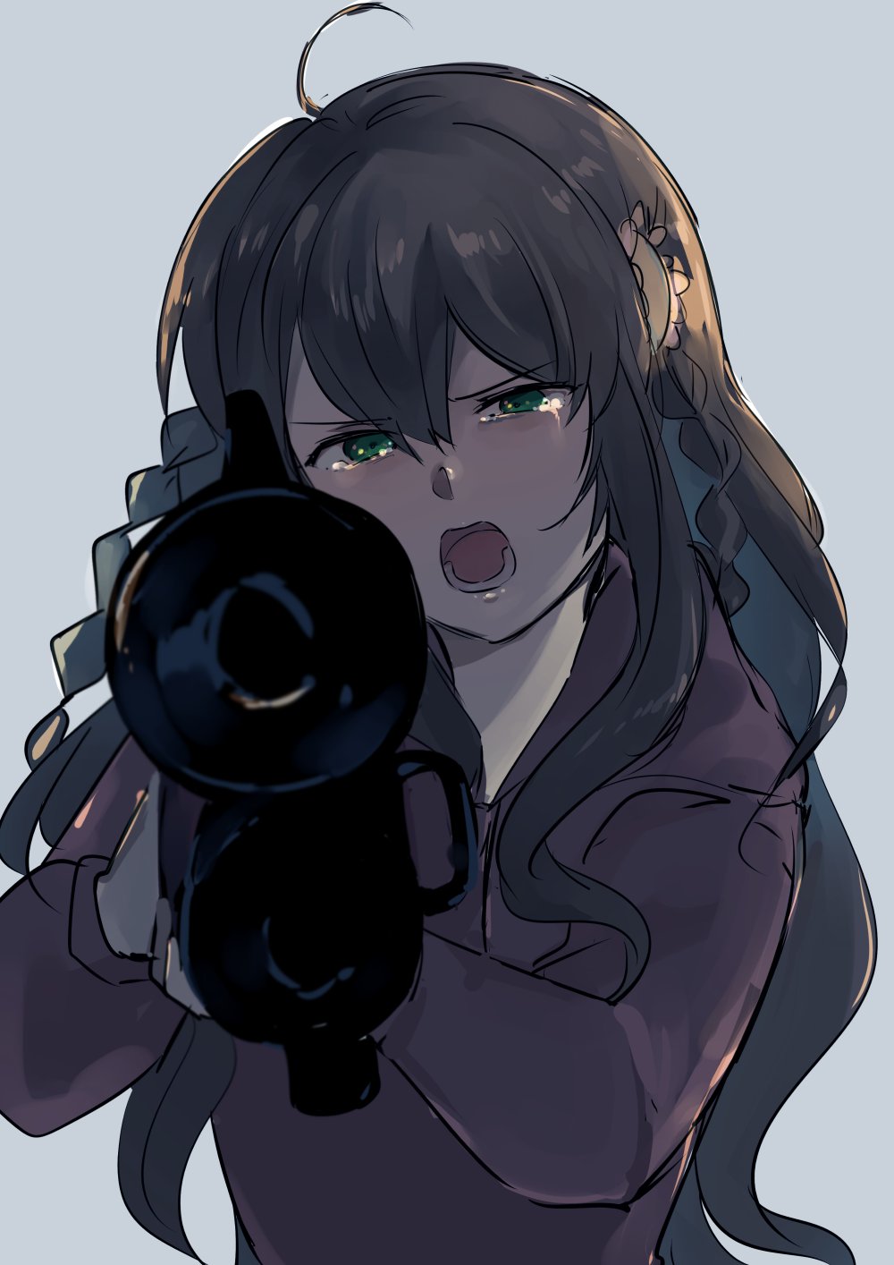 1girl ahoge backlighting brown_hair commentary_request crying crying_with_eyes_open flower green_eyes grey_background gun hair_between_eyes hair_flower hair_ornament highres holding holding_gun holding_weapon hood hood_down hoodie kanbe_kotori long_hair long_sleeves looking_at_viewer lower_teeth_only open_mouth pink_flower pink_hoodie pointing pointing_at_viewer rewrite rifle rimorimo serious sidelocks simple_background solo spoilers straight-on tears teeth tsurime twintails upper_body v-shaped_eyebrows very_long_hair wavy_hair weapon