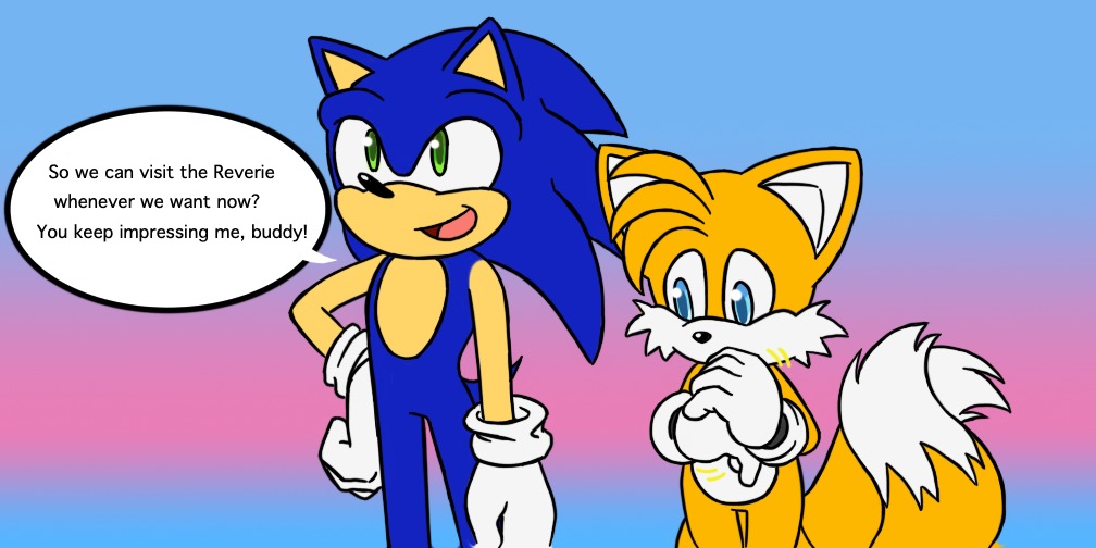 2boys blue_eyes blue_fur commentary english_commentary english_text fidgeting furry furry_male gloves green_eyes hyrulepirate male_focus multiple_boys multiple_tails open_mouth orange_fur sonic_(series) sonic_the_hedgehog speech_bubble tail tails_(sonic) two_tails white_gloves