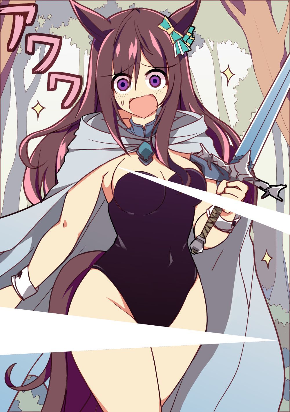 1girl alternate_costume bare_shoulders blush breasts brown_hair cape cleavage commentary_request ear_ornament grey_cape hair_ornament hairclip highres holding holding_sword holding_weapon large_breasts leotard long_hair looking_at_viewer mejiro_dober_(umamusume) nontraditional_playboy_bunny open_mouth outdoors solo strapless strapless_leotard sword tree umamusume wahiko_(black_bastard) weapon wide-eyed