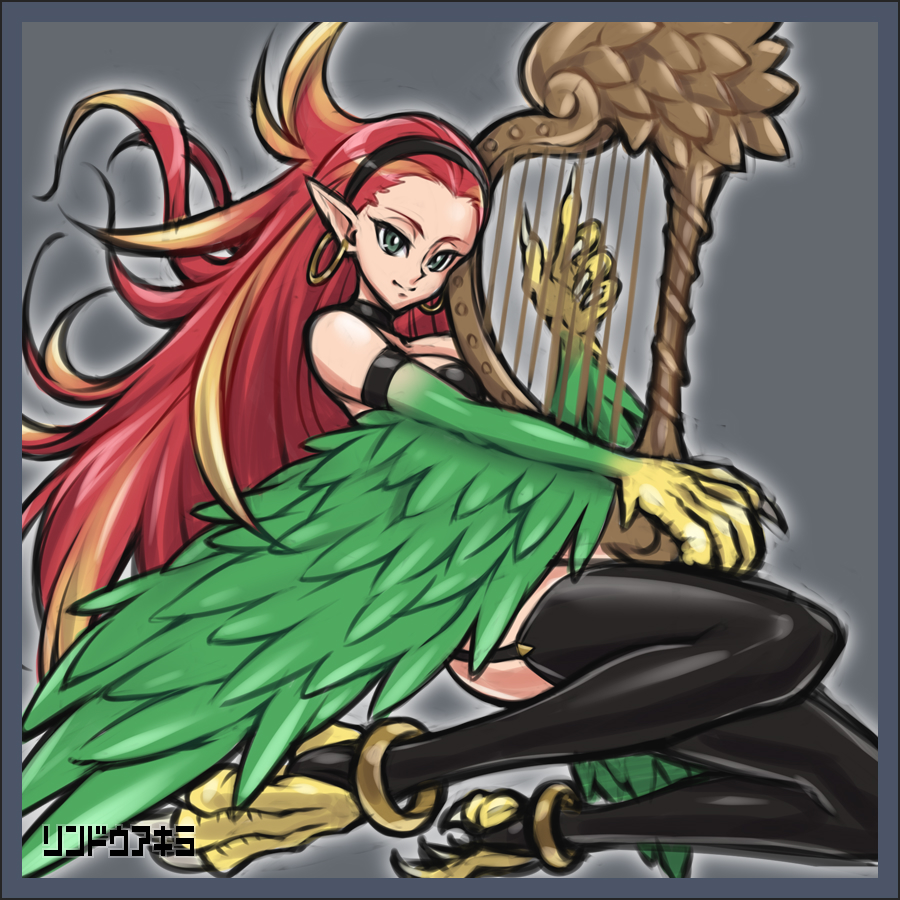 1girl anklet bare_shoulders bird_legs black_thighhighs breasts claws commentary_request duel_monster earrings feathered_wings feathers garter_straps green_eyes green_feathers green_wings grey_background harp harpie_harpist harpy holding holding_instrument hoop_earrings instrument jewelry long_hair looking_at_viewer medium_breasts monster_girl pointy_ears red_hair rindou_akira solo stirrup_legwear thighhighs toeless_legwear very_long_hair winged_arms wings yu-gi-oh!