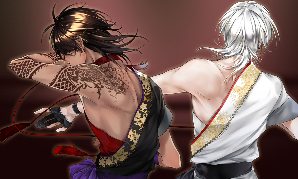 2boys arm_tattoo bare_shoulders black_gloves black_kimono brown_hair chinese_clothes choker covered_mouth covering_face dark-skinned_male dark_skin dragon_tattoo dudou earrings facing_away floating_hair floral_print gloves hadanugi_dousa hand_up japanese_clothes jewelry kimono long_hair male_focus medium_hair multiple_boys nihit0 obi ookurikara outstretched_arm partially_fingerless_gloves profile red_background sash shoulder_tattoo string tassel tattoo touken_ranbu tsurumaru_kuninaga upper_body white_hair white_kimono