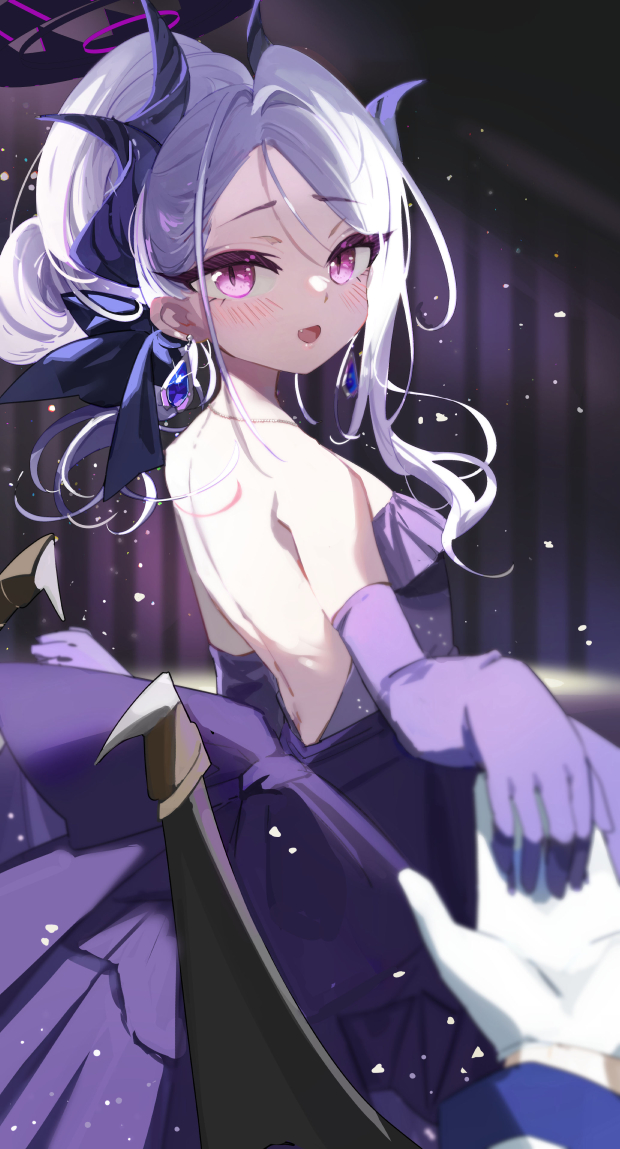 1girl black_horns blue_archive blush demon_horns demon_wings dress elbow_gloves gloves grey_hair halo hina_(blue_archive) hina_(dress)_(blue_archive) horns long_hair looking_at_viewer multiple_horns official_alternate_costume official_alternate_hairstyle open_mouth purple_dress purple_eyes purple_gloves purple_wings shadowsinking solo strapless strapless_dress wings