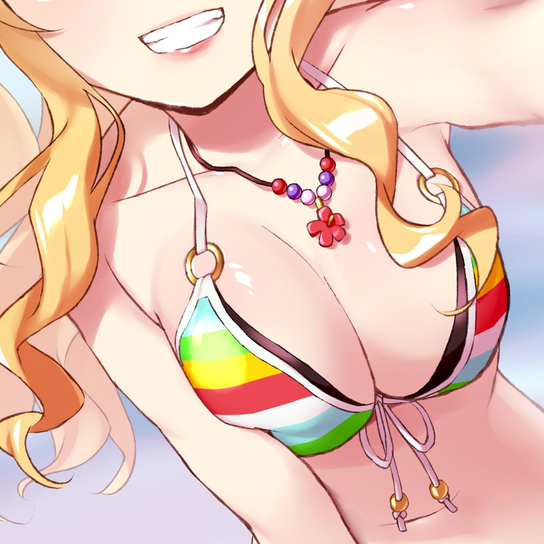 1girl bikini blonde_hair breast_press breasts cleavage front-tie_bikini_top front-tie_top grin head_out_of_frame idolmaster idolmaster_cinderella_girls jewelry large_breasts layered_bikini long_hair maamu necklace o-ring o-ring_bikini ohtsuki_yui rainbow_bikini selfie smile solo swimsuit upper_body