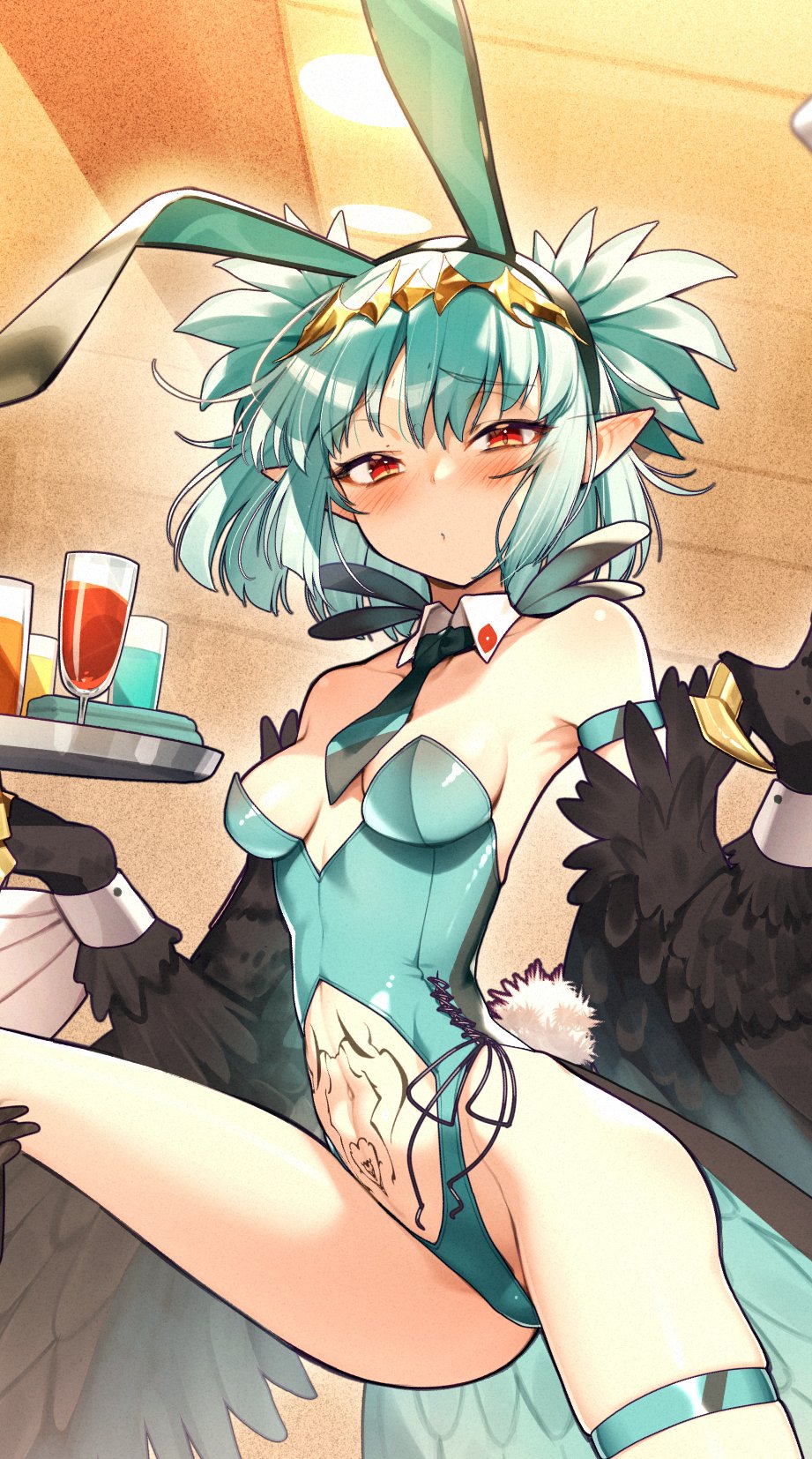 1girl animal_ears armlet bare_shoulders bird_tail black_feathers black_wings blue_leotard blue_necktie blush breasts claws cluseller cup detached_collar diagonal-striped_clothes diagonal-striped_necktie drinking_glass fake_animal_ears fake_tail feathers harpy heart heart_tattoo highleg highleg_leotard highres holding holding_tray indie_virtual_youtuber leotard lincoro looking_at_viewer monster_girl navel necktie playboy_bunny pointy_ears rabbit_tail red_eyes short_hair short_twintails small_breasts solo stomach_tattoo striped_clothes tail tattoo tiara tray twintails virtual_youtuber winged_arms wings wrist_cuffs