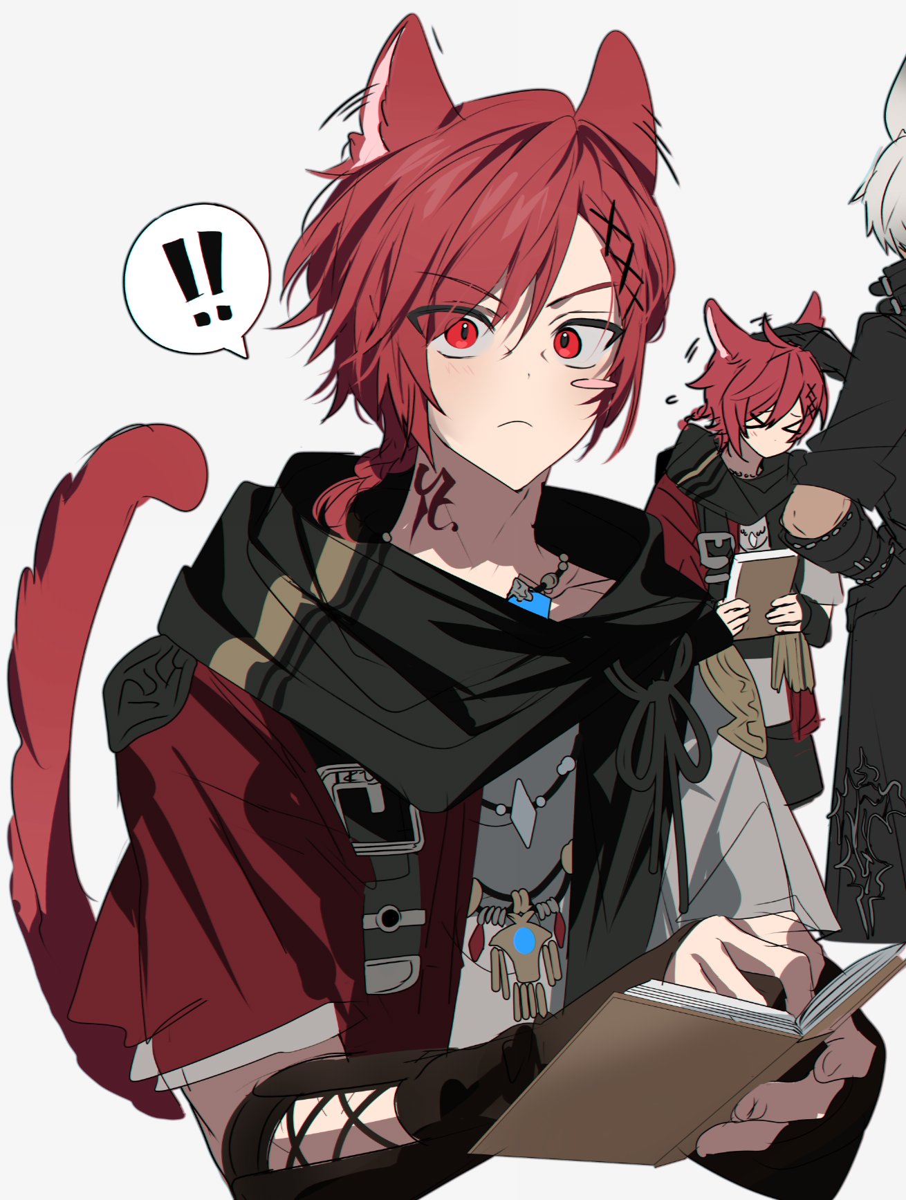 ! !! 2boys animal_ears book cat_ears cat_tail chu_yeon cloak fantasy final_fantasy final_fantasy_xiv g'raha_tia highres hood hooded_cloak male_focus miqo'te multiple_boys open_book red_eyes red_hair slit_pupils solo_focus speech_bubble spoken_exclamation_mark tail white_background