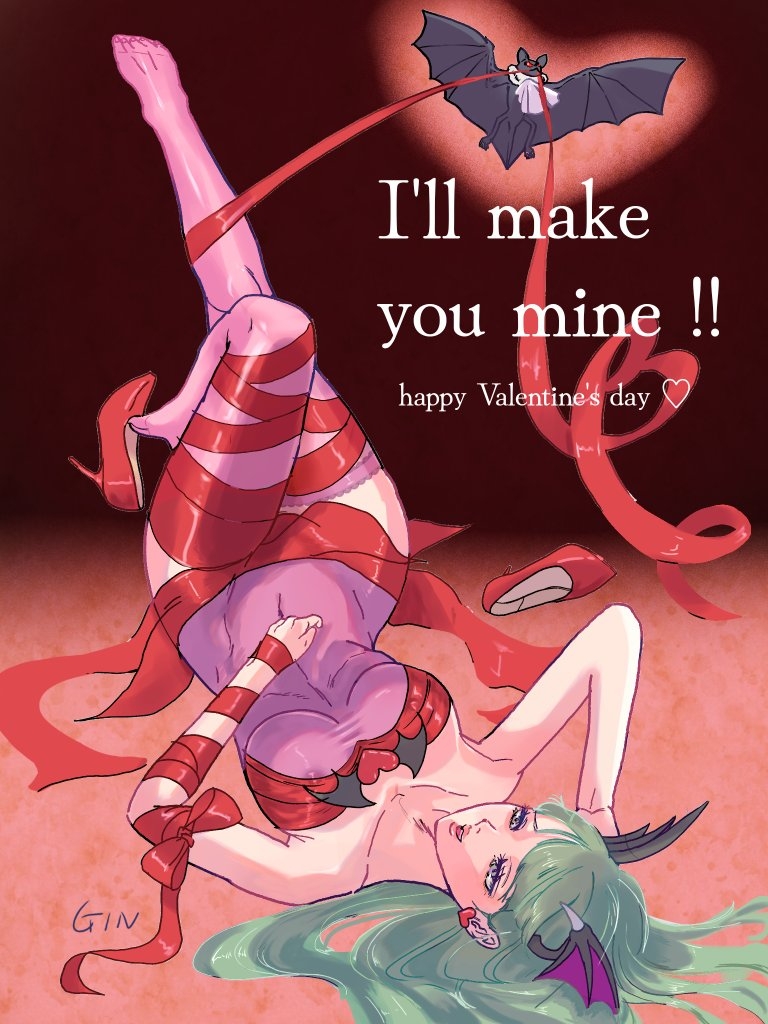 1girl animalization areola_slip arm_ribbon artist_name bat_(animal) bow breasts demitri_maximoff earrings english_text genmai_vamp green_eyes green_hair happy_valentine head_wings heart heart_earrings jewelry long_hair morrigan_aensland pantyhose pink_pantyhose red_bow red_footwear red_ribbon ribbon smile solo valentine vampire_(game) wings