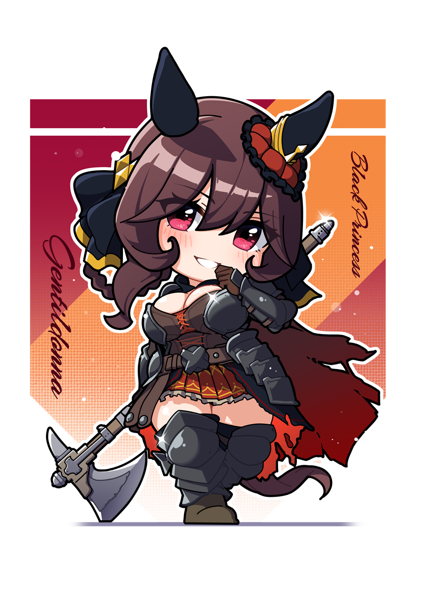 1girl animal_ears armor axe belt braid breasts brown_belt brown_gloves brown_hair character_name chibi cursive ear_covers ear_ornament english_text full_body gentildonna_(umamusume) glint gloves grin hair_between_eyes hair_ornament hand_up highres holding holding_axe horse_ears horse_girl horse_tail large_breasts long_hair looking_at_viewer no_nose pink_eyes pleated_skirt red_skirt skirt smile solo standing tail torn_clothes umamusume warashi