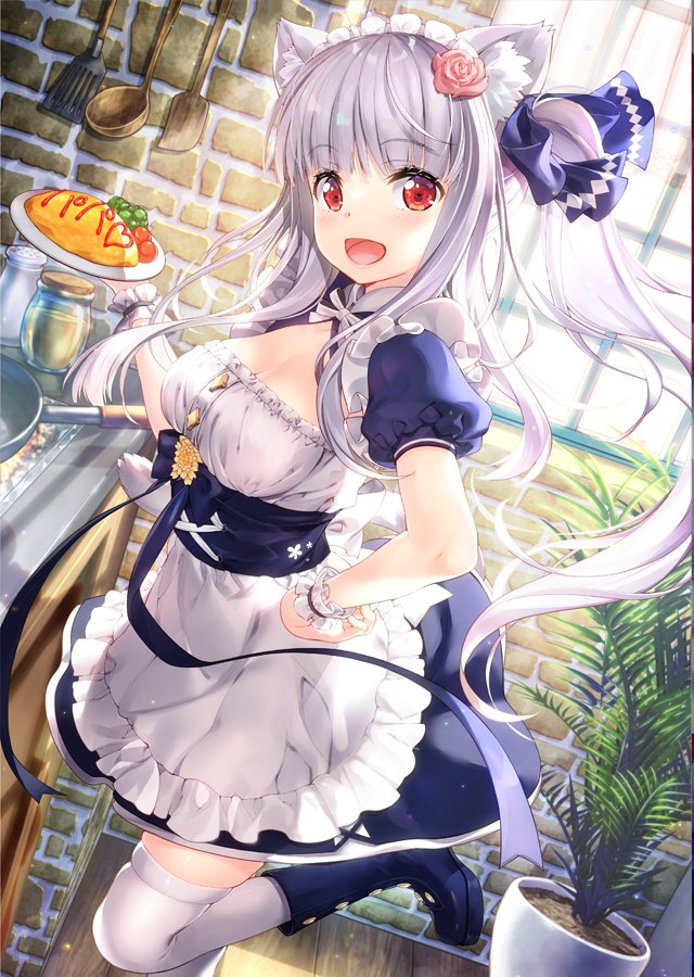 1girl :d animal_ear_fluff animal_ears apron bangs blue_dress blue_footwear boots breasts brick_wall cat_ears character_request cleavage commentary_request dress eyebrows_visible_through_hair food frilled_apron frills frying_pan fujima_takuya grey_hair hand_on_hip holding holding_plate indoors isekai_ni_tobasaretara_papa_ni_nattandaga ladle long_hair looking_at_viewer medium_breasts omurice open_mouth plant plate potted_plant puffy_short_sleeves puffy_sleeves red_eyes short_sleeves side_ponytail smile solo spatula standing standing_on_one_leg thighhighs thighhighs_under_boots twitter_username very_long_hair waist_apron white_apron white_legwear window wooden_floor