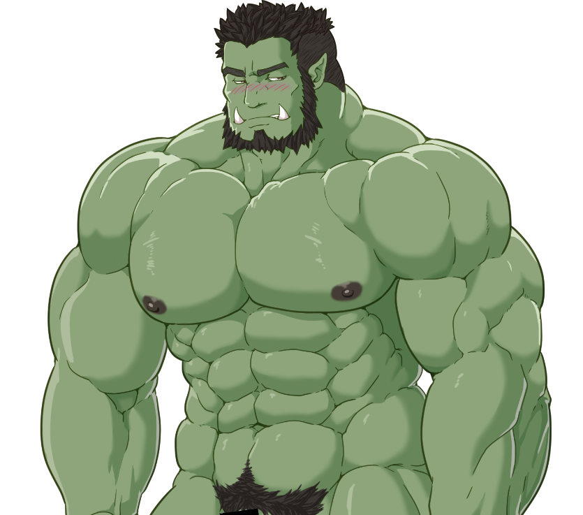 1boy abs averting_eyes bara beard blush colored_skin completely_nude cowboy_shot facial_hair full_beard green_skin huge_pectorals large_pectorals male_focus male_pubic_hair mature_male navel nipples nude orc original pectorals pointy_ears pubic_hair short_hair shy solo standing strongman_waist tamineko thick_beard thick_eyebrows tusks white_background