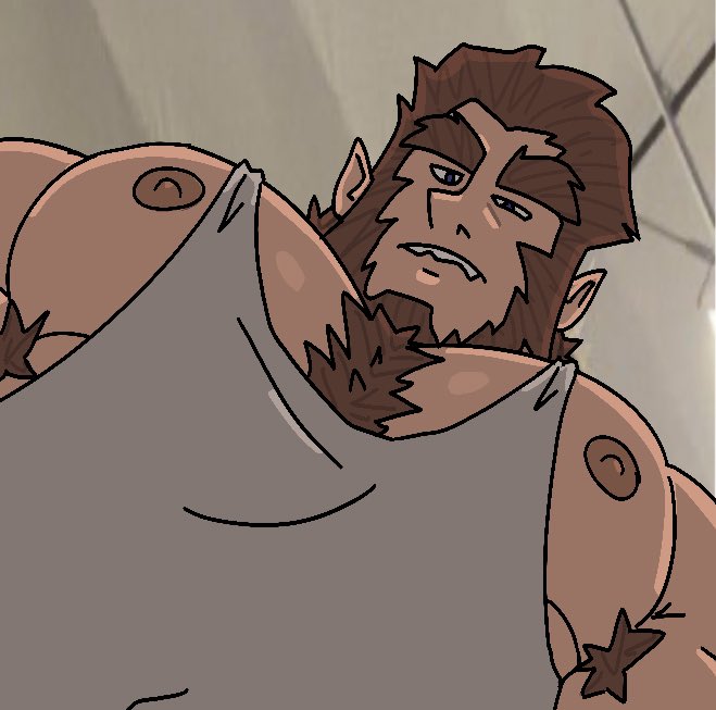 1boy aries_(aries03220) armpit_hair armpit_hair_peek bara bare_pectorals beard body_fur brown_hair chest_tuft facial_hair foreshortening full_beard grey_tank_top huge_eyebrows large_pectorals looking_at_viewer looking_down male_focus meme monster_prom muscular muscular_male nipple_slip nipples pectoral_focus pectorals photo-referenced scott_howl short_hair solo tank_top thick_eyebrows upper_body yur_oc_like_this_(meme)