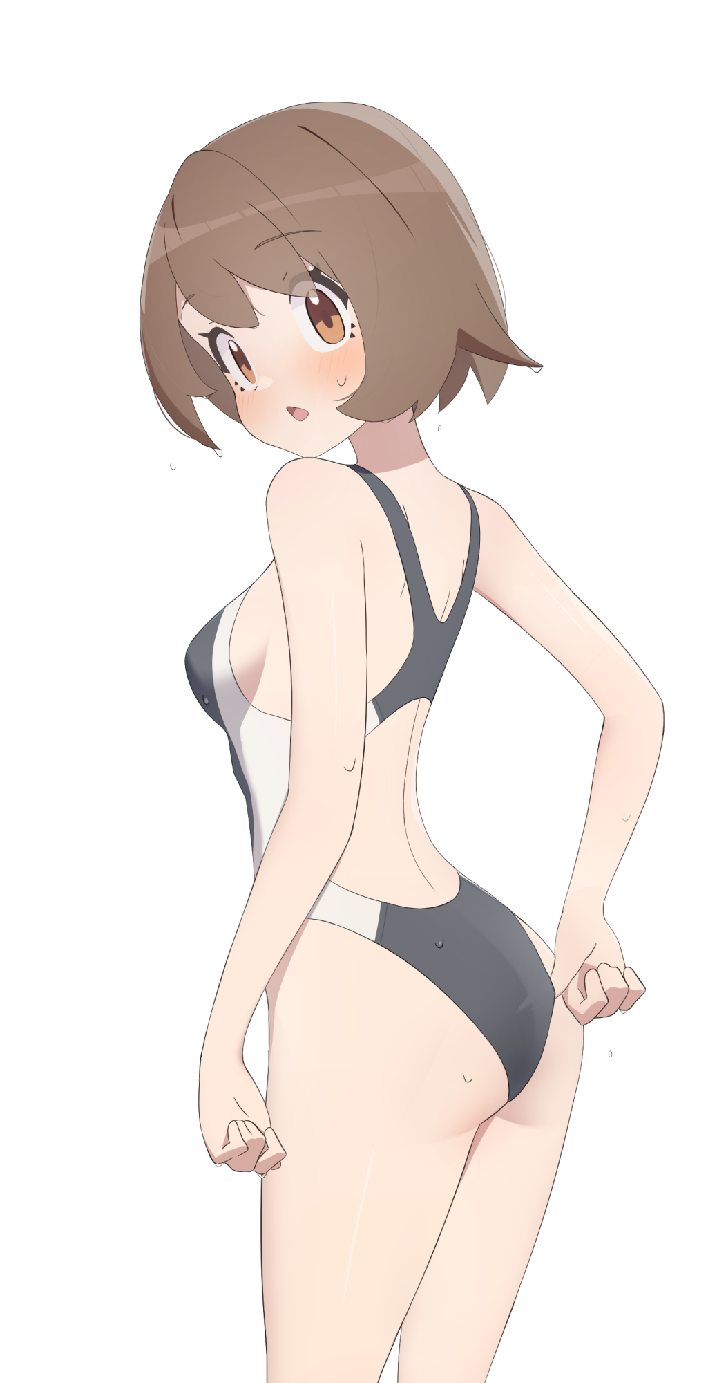 1girl :o alternate_costume bare_arms blush breasts brown_eyes brown_hair commentary_request competition_swimsuit dripping gloria_(pokemon) highres kumacy_0 looking_at_viewer looking_back one-piece_swimsuit pokemon pokemon_swsh short_hair simple_background solo swimsuit white_background