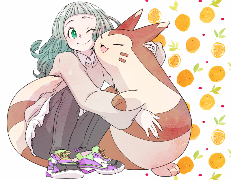 1girl ;) affectionate black_pants blunt_bangs brown_sweater closed_eyes closed_mouth collared_shirt eyelashes food fruit furret futaba_sana green_eyes green_hair hug iyofika long_hair long_sleeves magia_record:_mahou_shoujo_madoka_magica_gaiden mahou_shoujo_madoka_magica one_eye_closed orange_(fruit) pants pokemon pokemon_(creature) shirt shoes skirt smile sneakers squatting sweater white_background white_shirt white_skirt