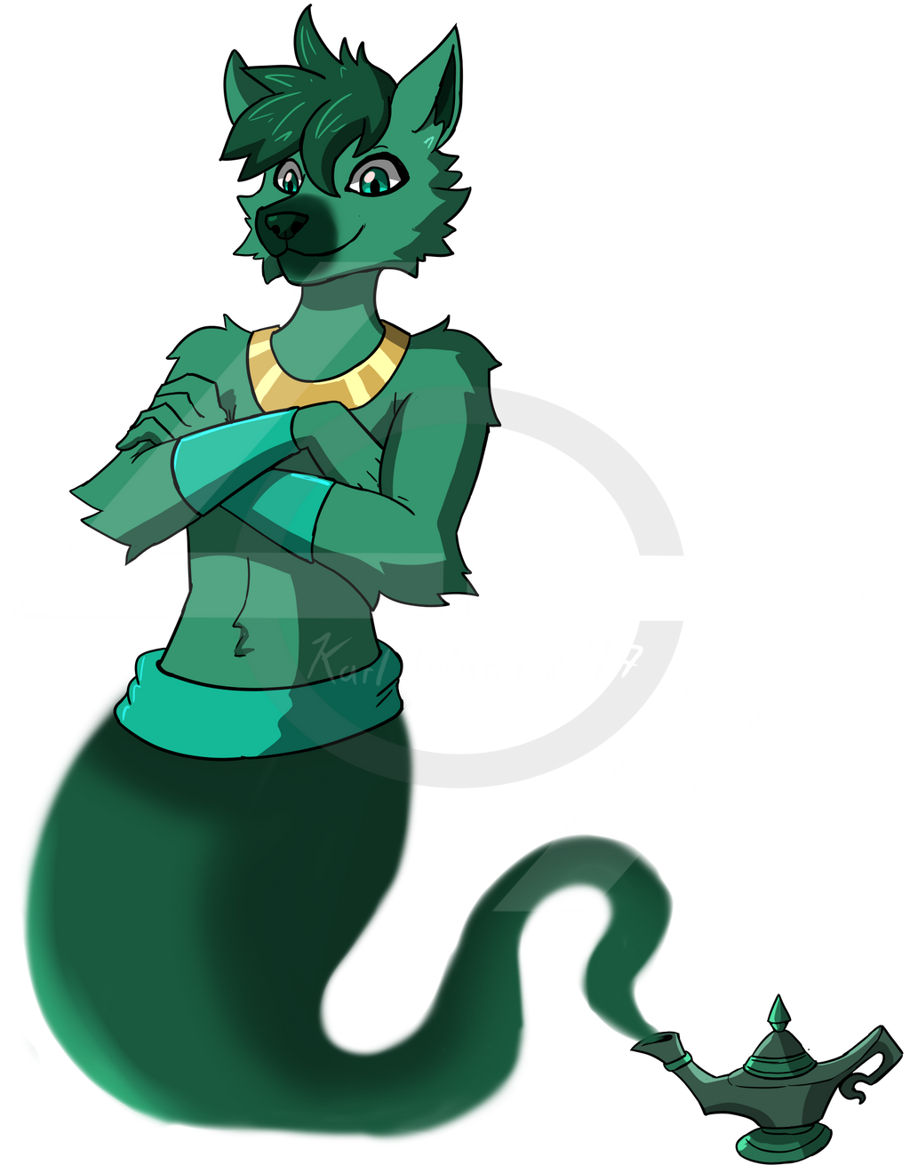2021 alpha_channel anthro armor artist_name bracers canid canine canis clothed clothing crossed_arms english_text fingers fur genie green_body green_bracers green_eyes green_fur green_hair green_nose hair hi_res karlwarrior47 lamp legless logo male mammal neckwear prick_ears short_hair smile smiling_at_viewer snout solo text topless topless_anthro topless_male wolf