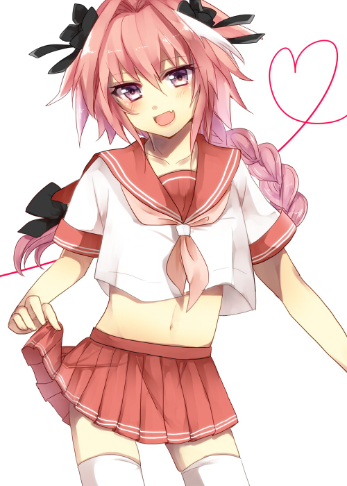 1boy astolfo_(fate) black_bow bow crop_top cropped_shirt fang fate/grand_order fate_(series) hair_bow hair_intakes heart heart_of_string long_hair male_focus maregatsukoyori midriff multicolored_hair neckerchief open_mouth otoko_no_ko pink_hair pink_neckerchief pink_sailor_collar pink_serafuku pink_skirt pleated_skirt purple_eyes red_sailor_collar red_skirt sailor_collar school_uniform serafuku shirt short_sleeves simple_background skin_fang skirt skirt_hold smile solo streaked_hair thighhighs two-tone_hair white_background white_hair white_shirt white_thighhighs