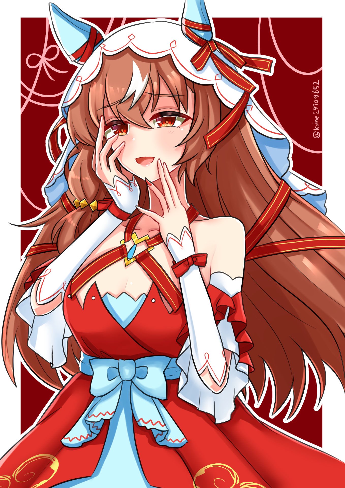 1girl animal_ears blush breasts brown_hair cleavage collarbone fingernails hair_between_eyes hair_ornament hand_on_own_cheek hand_on_own_face highres horse_ears horse_girl koine29709652 looking_at_viewer medium_breasts open_mouth red_background red_eyes ribbon solo still_in_love_(umamusume) twitter_username umamusume veil