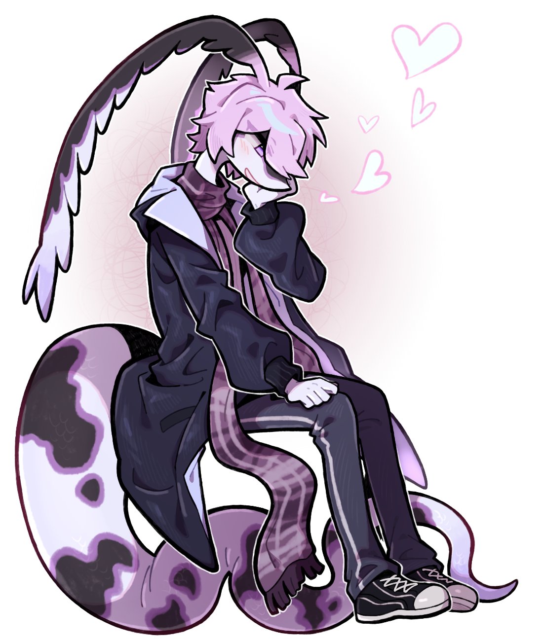 2023 anthro bottomwear clothed clothing female footwear hair heart_symbol hi_res kemono pants purple_body purple_hair purple_scales reptile scales scalie scarf shoes sitting smile snake solo white_body white_scales zhang_gun