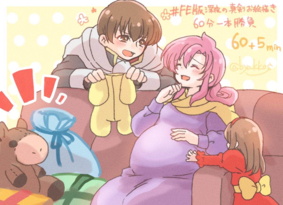 altena_(fire_emblem) bag bow brown_eyes brown_hair byakkos closed_eyes commentary_request couch dress ethlyn_(fire_emblem) father_and_daughter fire_emblem fire_emblem:_genealogy_of_the_holy_war gift hairband husband_and_wife mother_and_daughter on_couch open_mouth pink_hair pregnant purple_dress quan_(fire_emblem) red_dress red_hairband stuffed_animal stuffed_toy translation_request yellow_bow