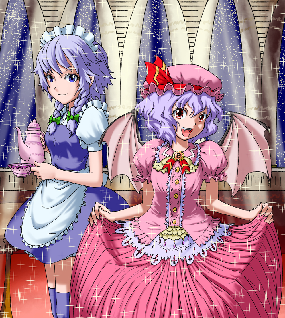2girls apron bat_wings blue_eyes blue_thighhighs bow braid breasts commentary_request cup fang green_bow hair_bow hat holding holding_cup holding_teapot izayoi_sakuya low_twin_braids maid maid_headdress medium_breasts medium_hair mob_cap multiple_girls open_mouth pink_skirt puffy_short_sleeves puffy_sleeves purple_hair red_eyes remilia_scarlet short_sleeves skirt skirt_hold smile sparkle teacup teapot thighhighs touhou twin_braids unpopin waist_apron wings