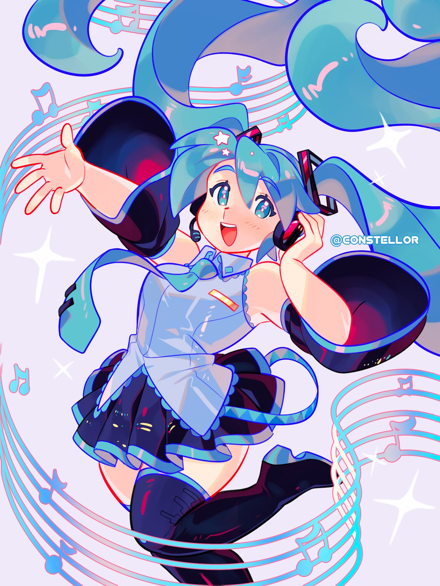 1girl :d aqua_eyes aqua_hair aqua_necktie bare_shoulders beamed_eighth_notes black_footwear black_sleeves blue_eyes blue_hair blush boots bright_pupils collared_shirt constellor detached_sleeves eighth_note grey_shirt hair_between_eyes hair_ornament hand_on_own_ear hatsune_miku headphones headset highres long_hair looking_at_viewer miku_day musical_note necktie open_mouth outstretched_arm pleated_skirt purple_background shirt skirt sleeveless sleeveless_shirt smile solo sparkle standing standing_on_one_leg star_(symbol) teeth thigh_boots thighhighs twintails twitter_username upper_teeth_only very_long_hair vocaloid white_pupils
