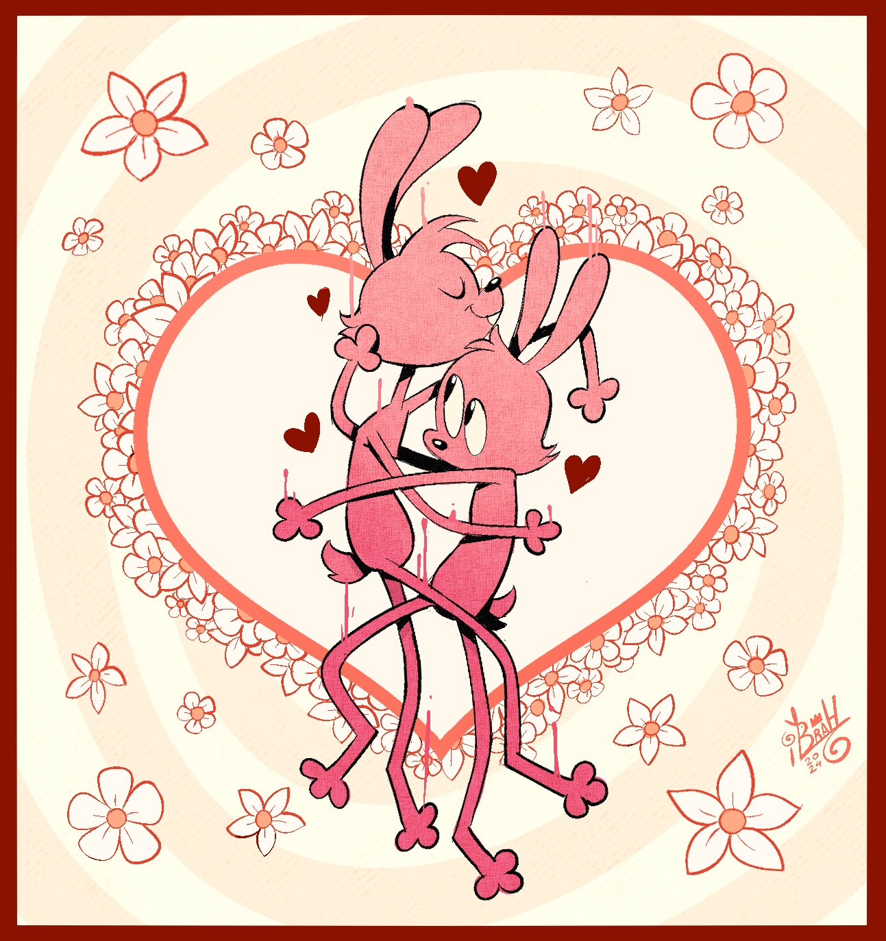 ambiguous/ambiguous ambiguous_gender anthro black_nose buckteeth ears_up eyes_closed flower fur heart_symbol hi_res holidays hug ibrah_(artist) lagomorph leporid looking_at_another mammal pink_body pink_fur plant rabbit slim smile tail teeth valentine's_day