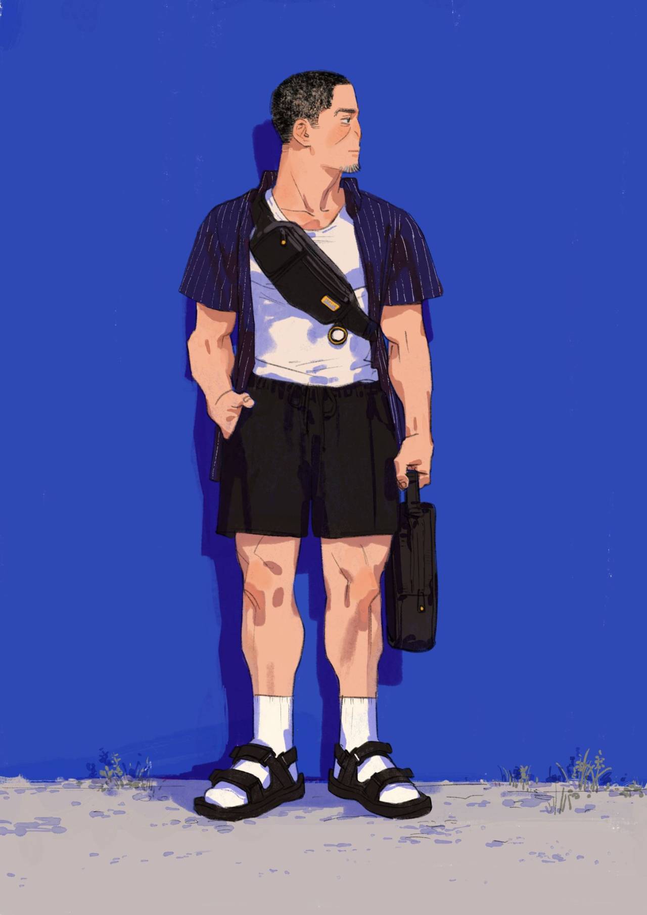 1boy ankle_socks black_eyes black_footwear black_hair black_shorts blue_background blue_jacket buzz_cut chengongzi123 closed_mouth commentary contemporary facial_hair full_body goatee_stubble golden_kamuy hand_in_pocket highres jacket looking_to_the_side male_focus sandals short_hair short_sleeves shorts simple_background socks standing striped_clothes striped_jacket stubble symbol-only_commentary tank_top tsukishima_hajime very_short_hair white_tank_top