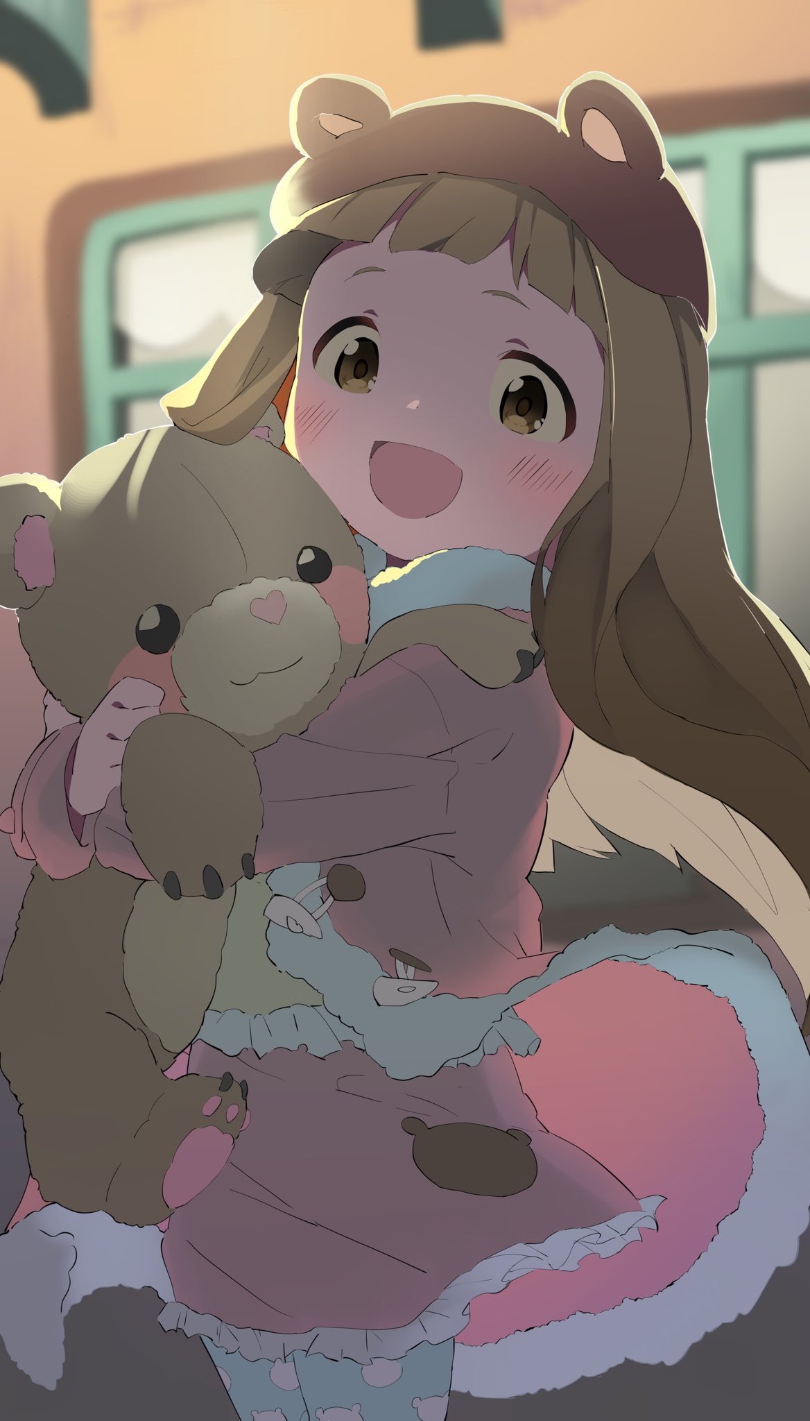 1girl :d animal_ear_headwear animal_ears blunt_bangs blush brown_eyes brown_hair coat cowboy_shot fake_animal_ears fuyubone hat highres hugging_doll hugging_object ichihara_nina idolmaster idolmaster_cinderella_girls idolmaster_cinderella_girls_u149 long_hair looking_at_viewer pink_coat pink_skirt skirt smile solo stuffed_animal stuffed_toy teddy_bear