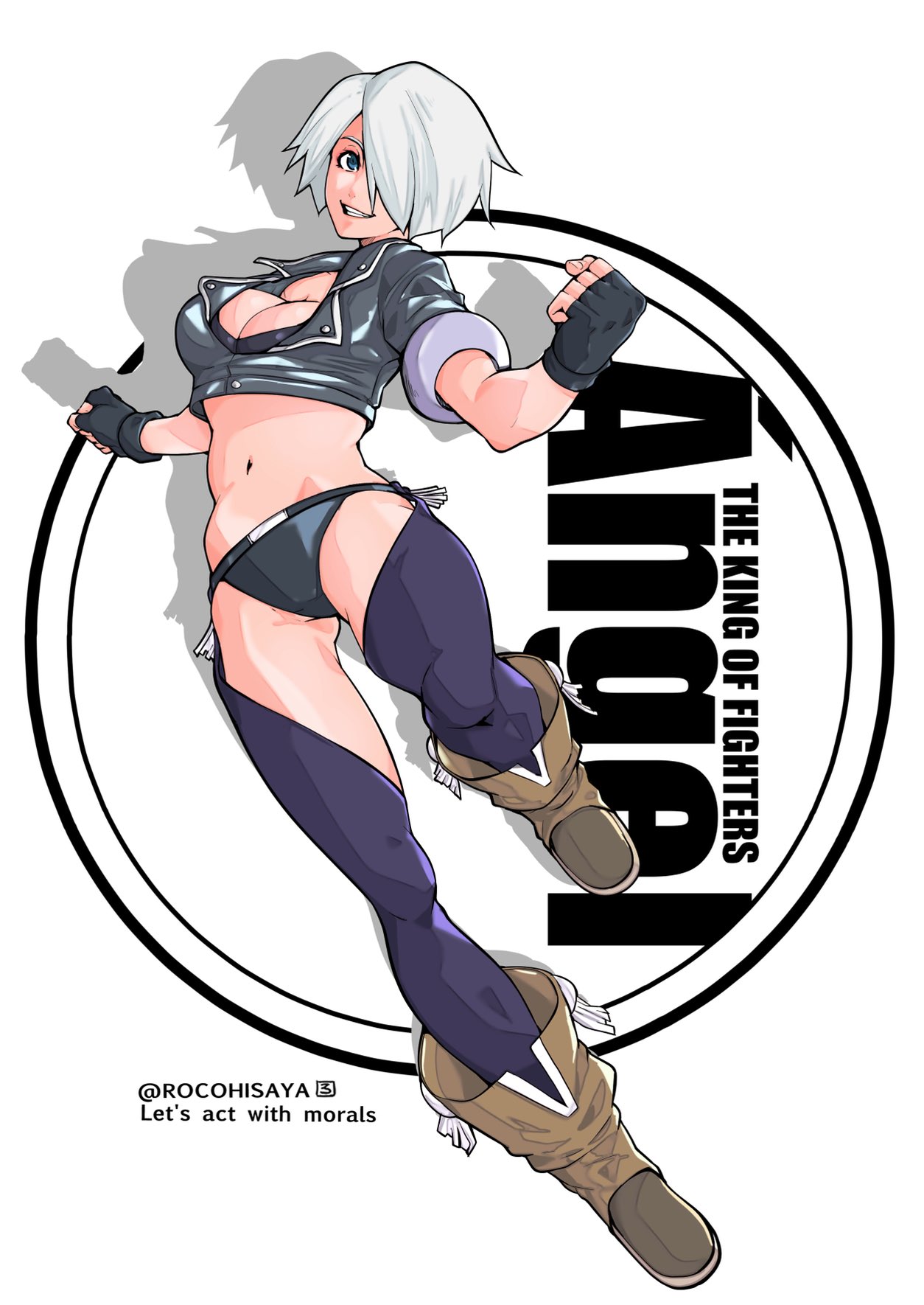 1girl angel_(kof) backless_pants blue_eyes boots bra breasts chaps cleavage cowboy_boots crop_top cropped_jacket fingerless_gloves gloves hair_over_one_eye highres jacket large_breasts leather leather_jacket looking_at_viewer midriff navel panties pants rocohisaya short_hair smile snk solo strapless strapless_bra the_king_of_fighters the_king_of_fighters_xiv toned underwear white_hair