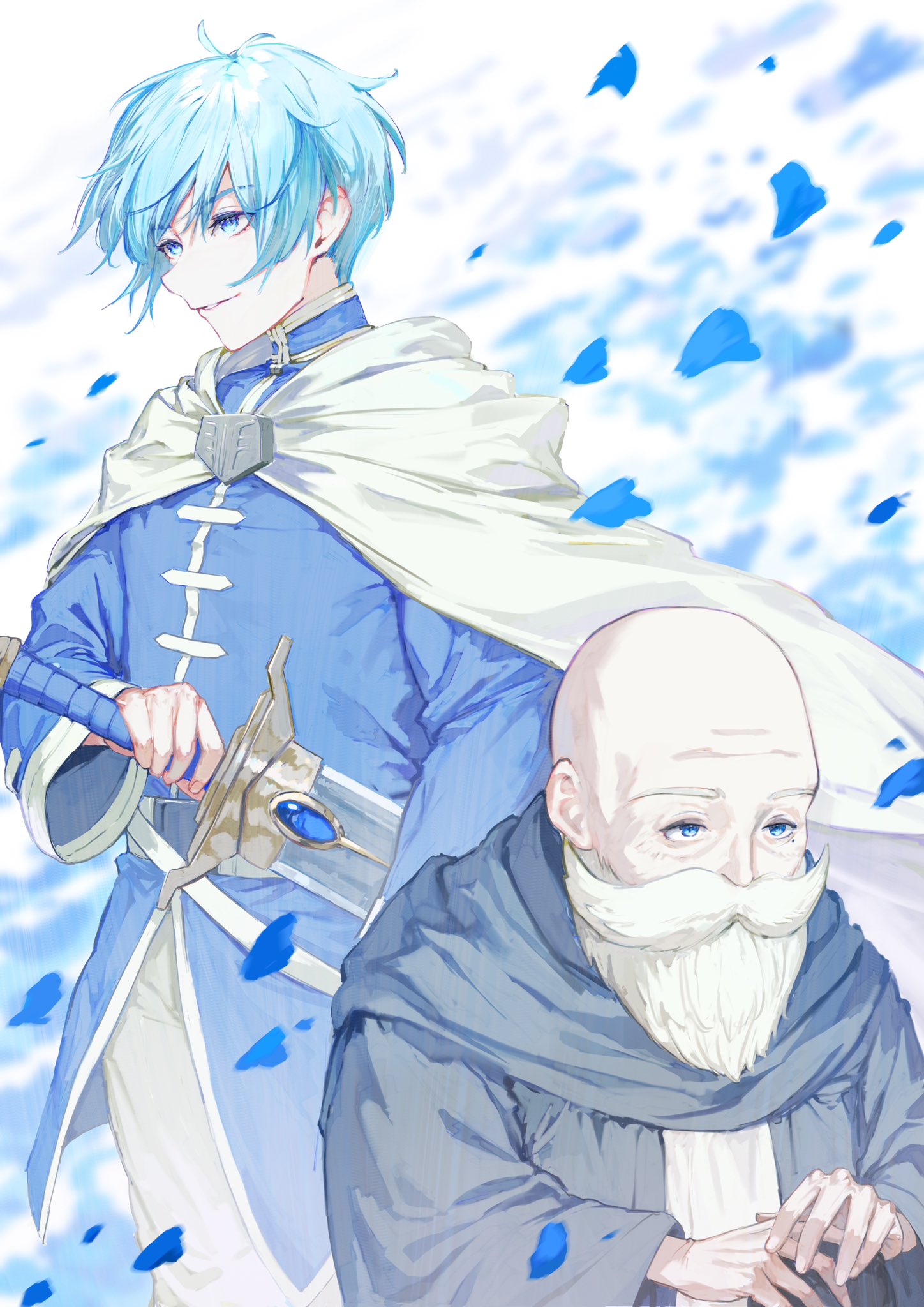 2boys age_comparison bald beard bishounen blue_eyes blue_hair blue_tunic cloak dual_persona facial_hair highres himmel_(sousou_no_frieren) male_focus mmi_ryu multiple_boys old old_man parted_lips procreate_(medium) smile sousou_no_frieren sword upper_body weapon white_cloak