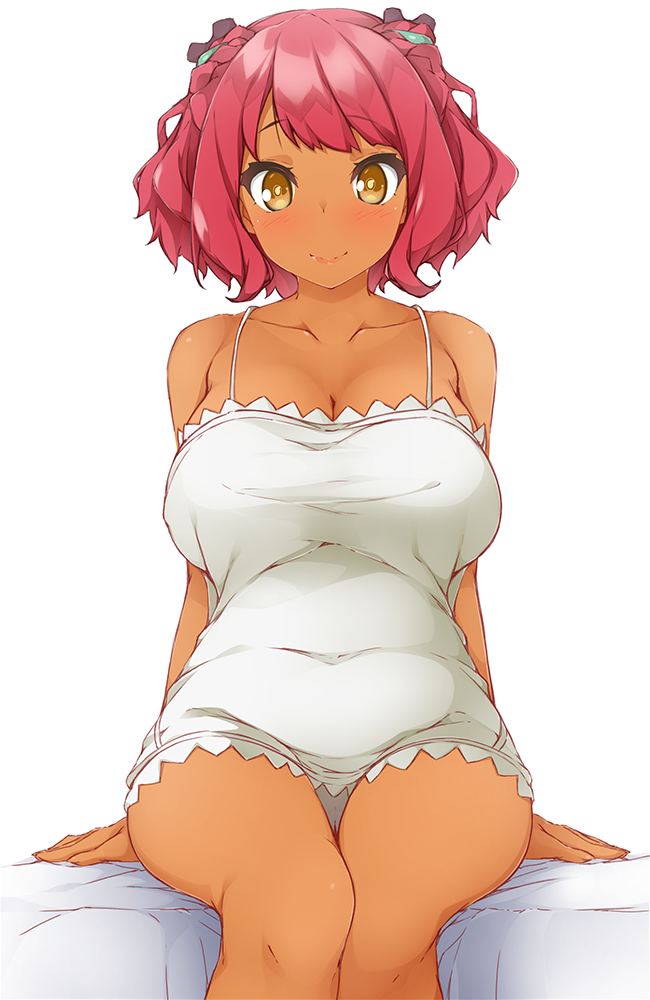 1girl arms_at_sides bare_shoulders braid breasts broken_antler brown_eyes cleavage closed_mouth collarbone dark-skinned_female dark_skin dress foreshortening hinata_masaki holt_(mahoutsukai_reimeiki) large_breasts light_blush mahoutsukai_reimeiki on_bed panties raised_eyebrows red_hair simple_background sitting solo sundress thighs underwear white_background white_panties