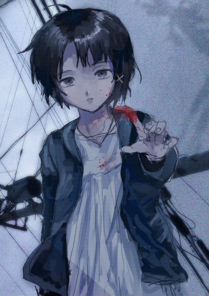 1girl asymmetrical_hair black_hair black_jacket blood blood_on_hands brown_eyes commentary_request dress film_grain finger_painting grey_sky hair_ornament iwakura_lain jacket jewelry looking_at_viewer messy_hair mohato_official necklace open_clothes open_jacket parted_lips power_lines reaching reaching_towards_viewer serial_experiments_lain short_hair sketch sky smeared_blood solo sundress upper_body utility_pole white_dress x_hair_ornament