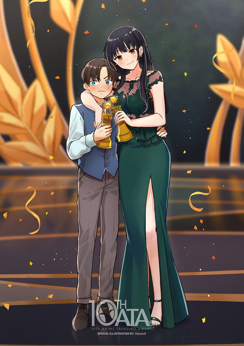 1boy 1girl arm_around_neck arm_around_waist artist_name black_hair blue_eyes blue_vest boku_no_kokoro_no_yabai_yatsu breasts brown_eyes brown_pants cleavage closed_mouth collarbone confetti cup dress full_body green_dress hakamii hand_on_another's_shoulder hetero highres holding holding_trophy hug ichikawa_kyoutarou large_breasts light_smile long_dress long_hair looking_at_viewer off-shoulder_dress off_shoulder panties pants second-party_source short_hair side_slit stage standing trophy underwear vest watermark wavy_mouth white_panties yamada_anna