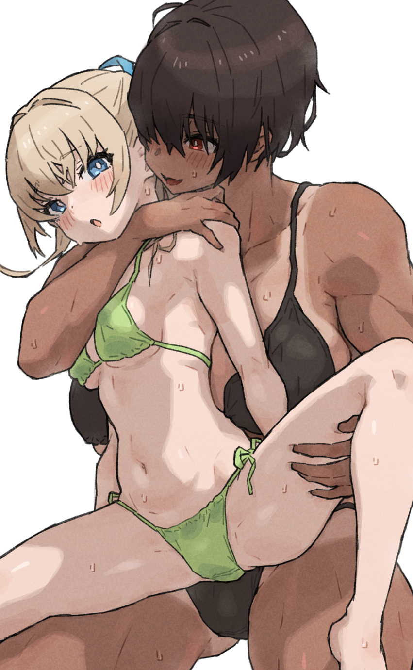 2girls ass_visible_through_thighs bikini blonde_hair blue_eyes blush breasts bright_pupils brown_hair carrying carrying_person commentary dark-skinned_female dark_skin height_difference highres kei_(m_k) large_breasts long_hair m_k medium_breasts multiple_girls original ponytail red_eyes rika_(m_k) short_hair side-tie_bikini_bottom simple_background size_difference standing sweat swimsuit symbol-only_commentary tall tall_female tan tanlines tomboy toned white_pupils yuri